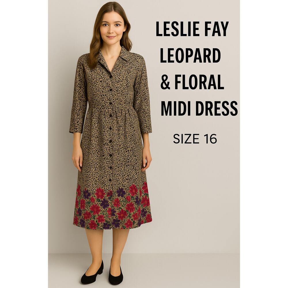 Leslie Fay Leopard & Floral Midi Dress – Size 16